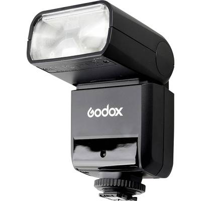 Externer Kamera-Blitz in Schwarz mit integriertem Reflektor, geeignet für Fotoaufnahmen bei schlechten Lichtverhältnissen.