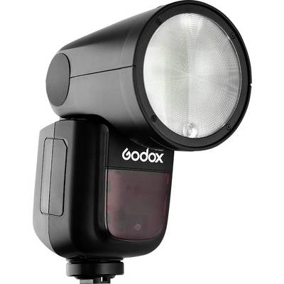 Ein schwarzes Kamera-Blitzgerät mit rundem Blitzkopf, Modellaufschrift 'Godox', geeignet zur Beleuchtung bei Fotografie.