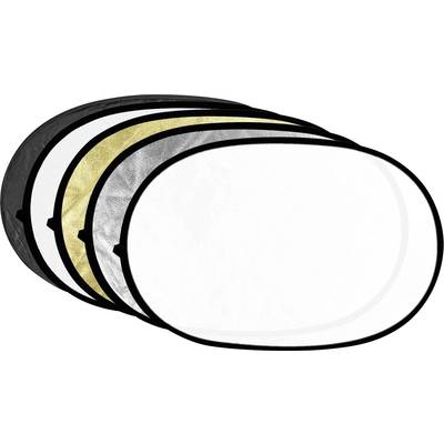 Fünf ovale Reflektoren in verschiedenen Farben: schwarz, weiß, gold, silber und diffus, übereinanderliegend.