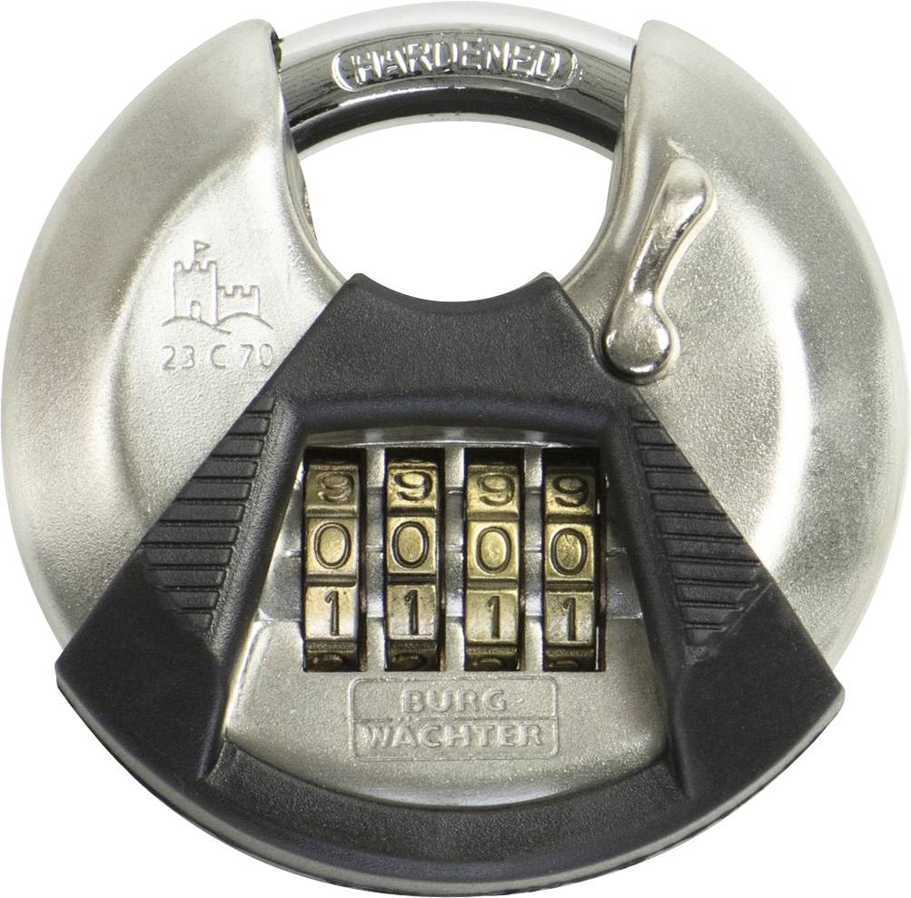 Metallisches Vorhängeschloss mit Zahlenkombination, zeigt die Kombination '0000'. Oberhalb befindet sich der Schriftzug 'Hardened'.