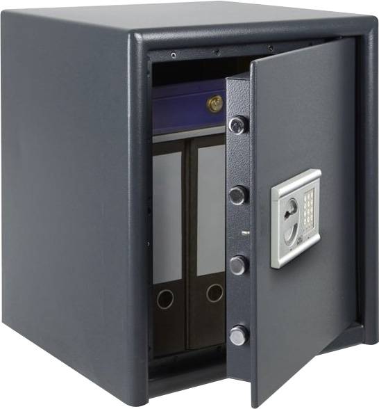 Ein geöffneter Safe mit einem elektronischen Zahlenschloss zeigt zwei Aktenordner im Inneren.