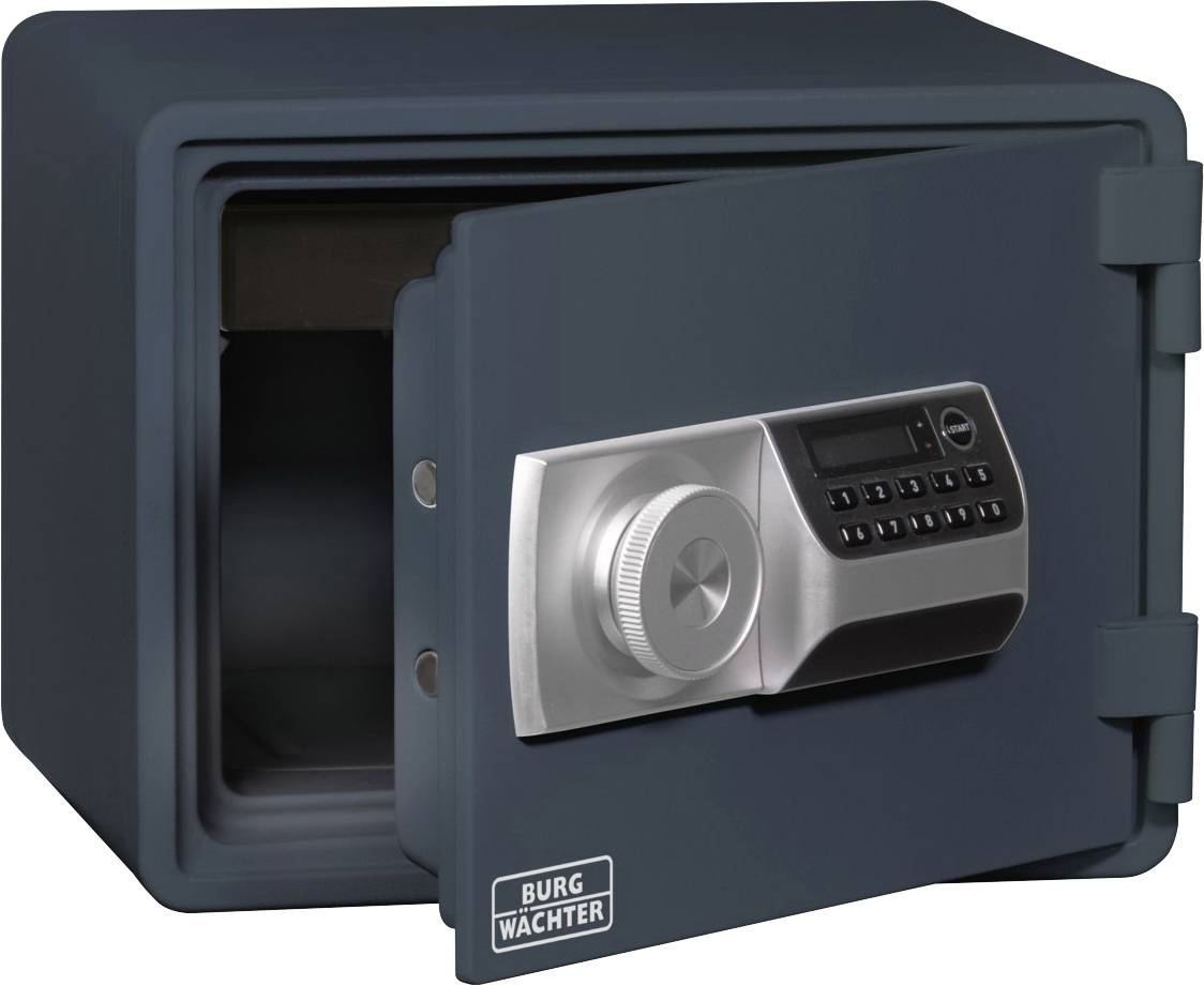 Ein geöffneter Tresor mit elektronischem Zahlenschloss. Die Tür ist leicht geöffnet, der Innenraum des Tresors ist leer.