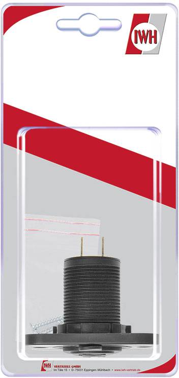 Verpacktes schwarzes Steckdosenteil mit zwei Metallstiften und einem kleinen Beutel mit Schrauben, auf einer Karte mit roten Akzenten.