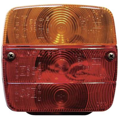 'Rücklicht eines Fahrzeugs mit einem oberen orangefarbenen Blinklicht und einem unteren rot leuchtenden Rücklicht.'