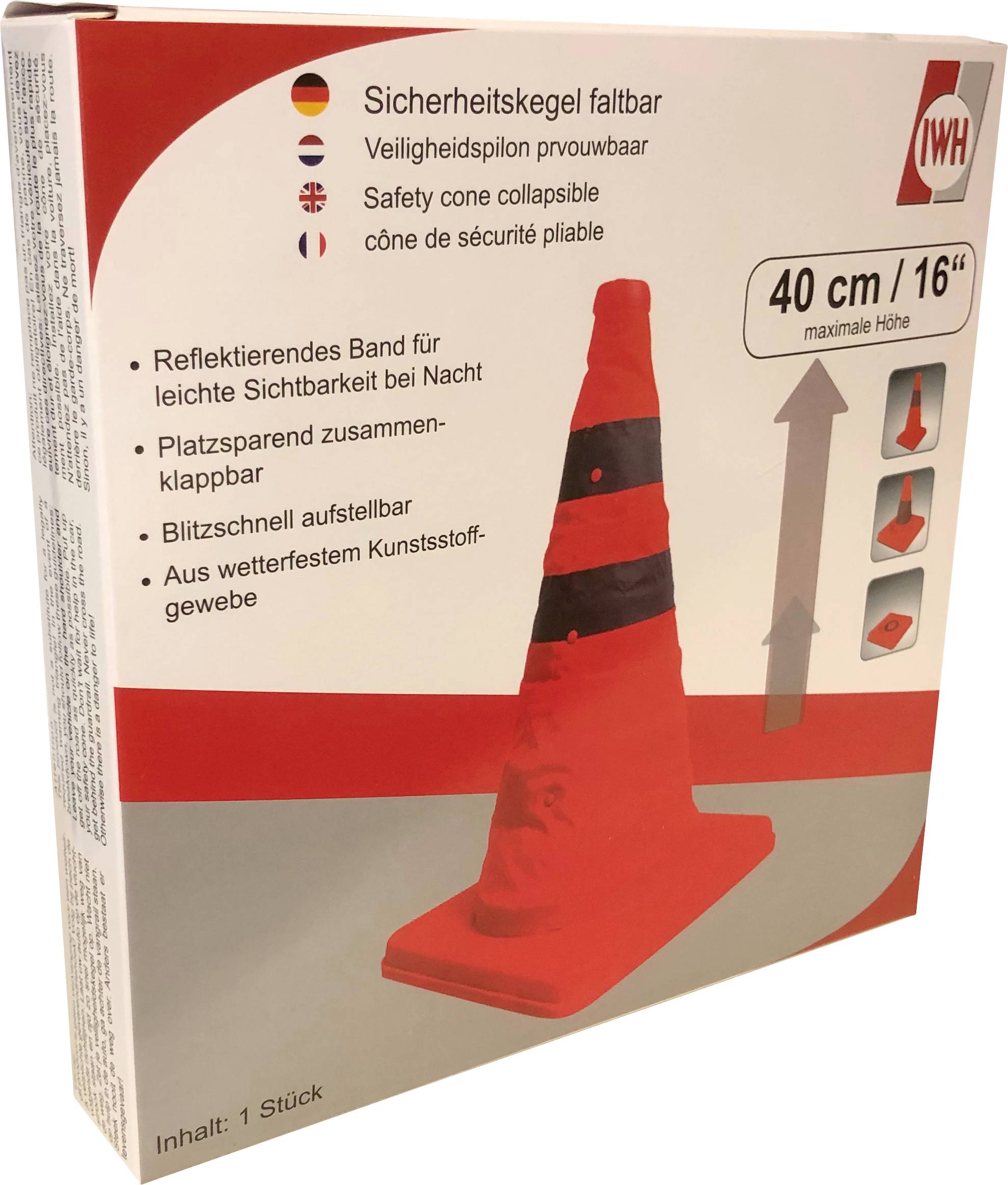 'Sicherheitskegel faltbar, 40 cm maximale Höhe, reflektierendes Band für bessere Sichtbarkeit bei Nacht, platzsparend zusammenklappbar.'