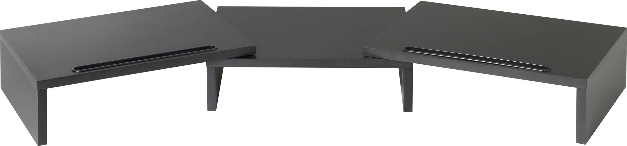 Drei schwarze Monitorständer aus Holz in rechteckiger Form, angeordnet in einem leicht versetzten, dreieckigen Aufbau.