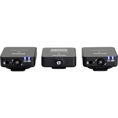 Drei kompakte, schwarze Drahtlos-Mikrofonempfänger mit blauen LED-Anzeigen und Rädchen zur Einstellung.