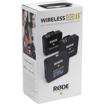 Verpackung des RØDE Wireless GO II Mikrofonsystems, zeigt zwei schwarze kabellose Mikrofone und einen Empfänger.