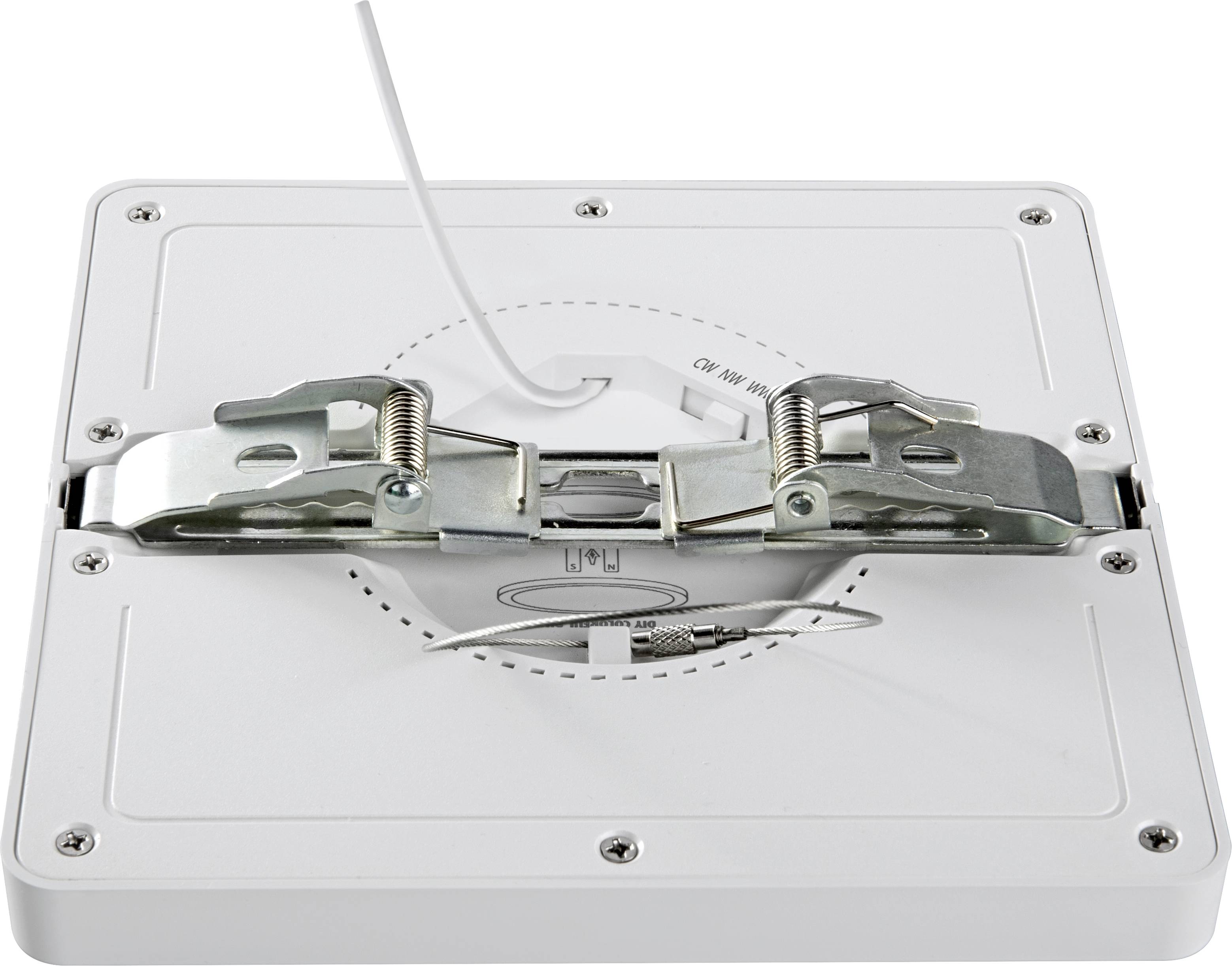 Rückseite eines weißen, quadratischen LED-Panels mit zwei Metallklammern zur Montage und einem herausragenden weißen Kabel.