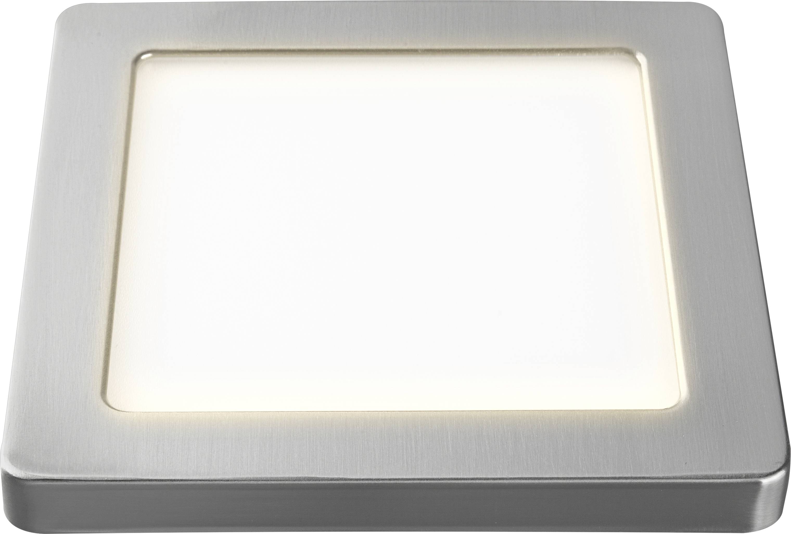 Quadratische Deckenleuchte mit metallischem Rahmen und weiß leuchtender Fläche. Minimalistisches Design für moderne Inneneinrichtungen.