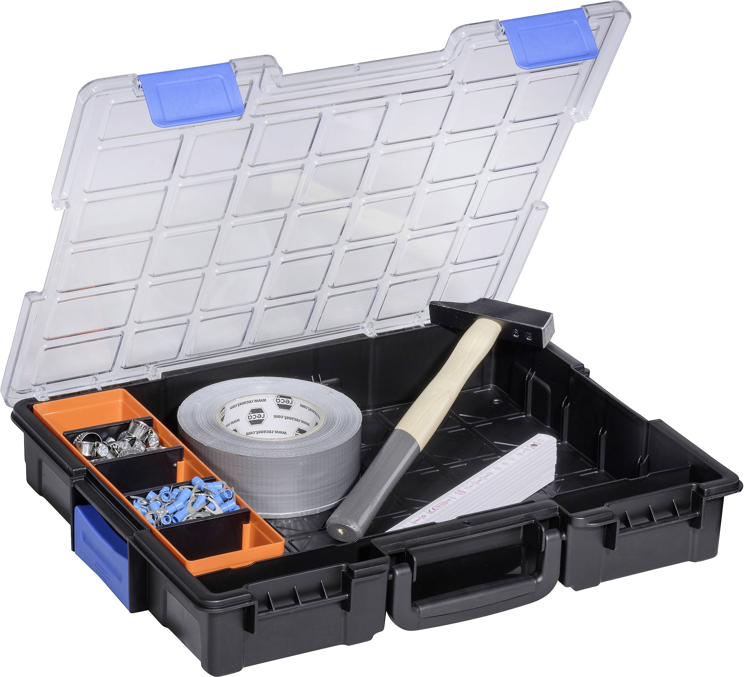 Offene Werkzeugbox mit Hammer, Klebeband, Schrauben und Dübel in separaten Fächern; hilfreich für Heimwerkerprojekte.