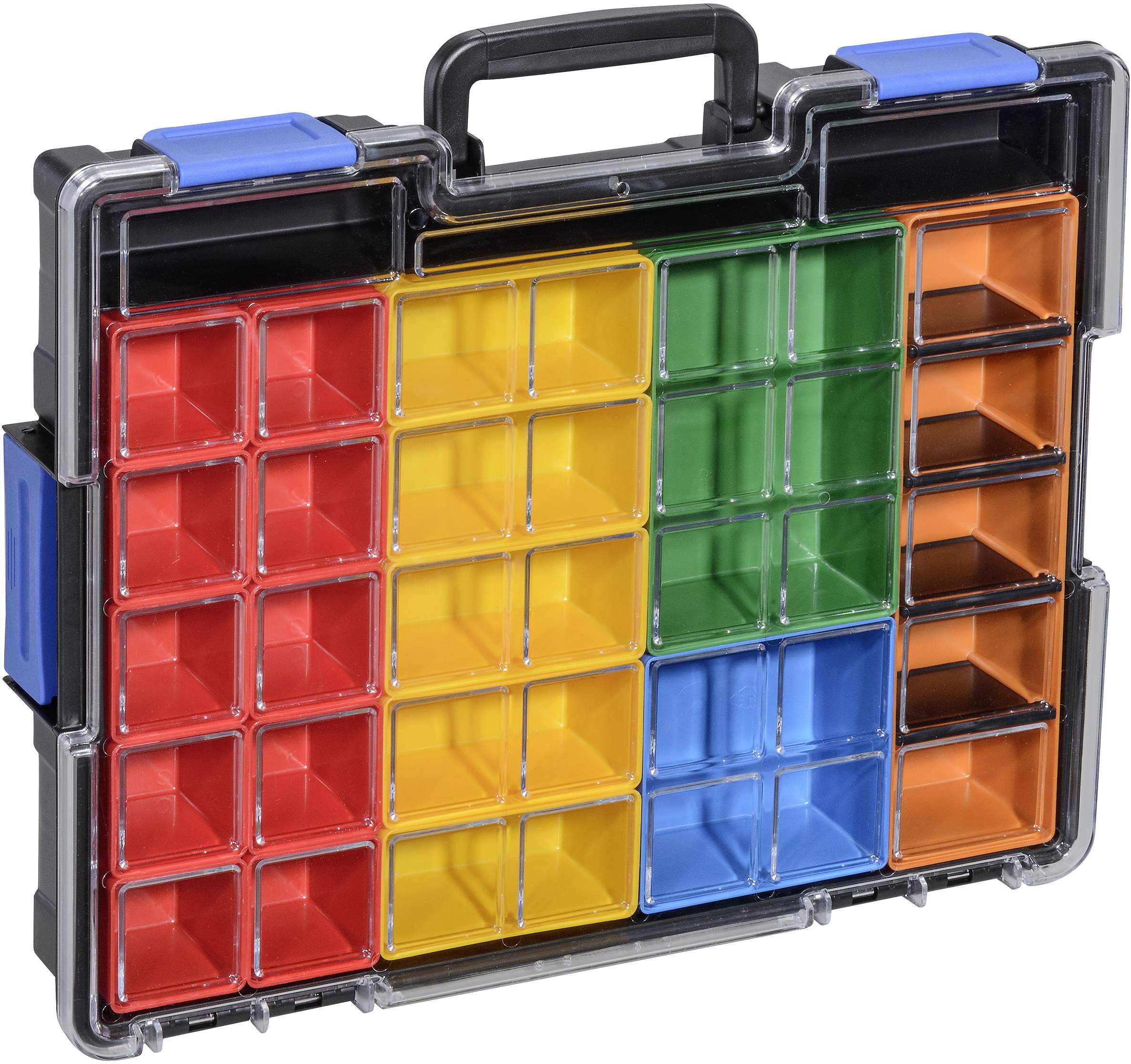 Ein Kunststoff-Aufbewahrungskoffer mit Griff, enthält herausnehmbare bunte Fächer in Rot, Gelb, Grün, Blau und Orange.