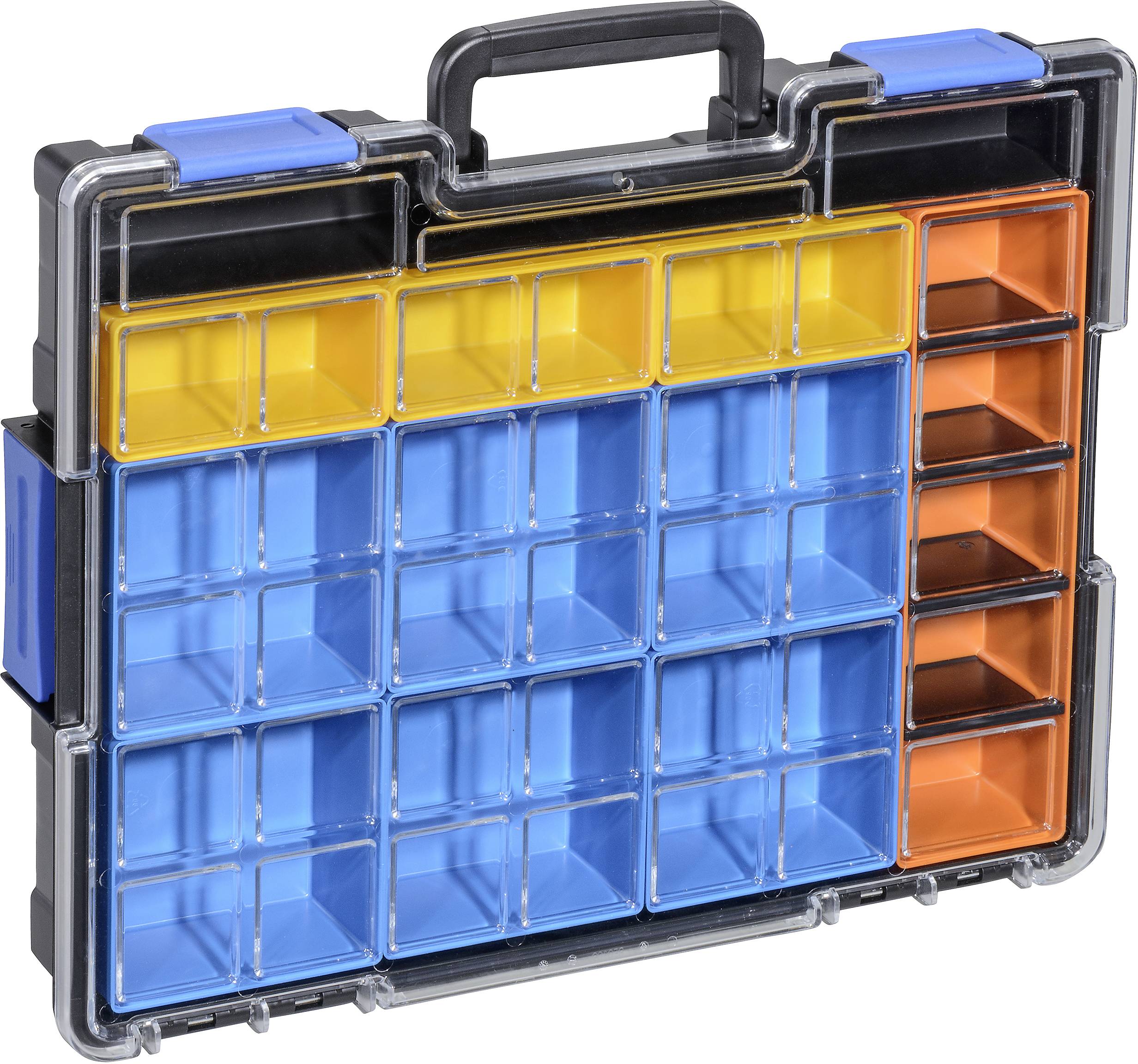 Ein transparenter Kunststoffkoffer mit Klappdeckel, enthält blau, gelb und orange unterteilte Fächer zur organisierten Aufbewahrung.