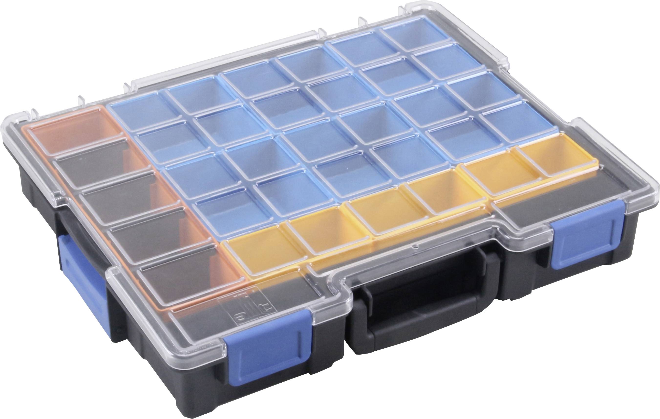 Transparente Aufbewahrungsbox mit blau-orangen Fächern, schwarz-grauem Rahmen und Griff, ideal zur Organisation von Kleinteilen.