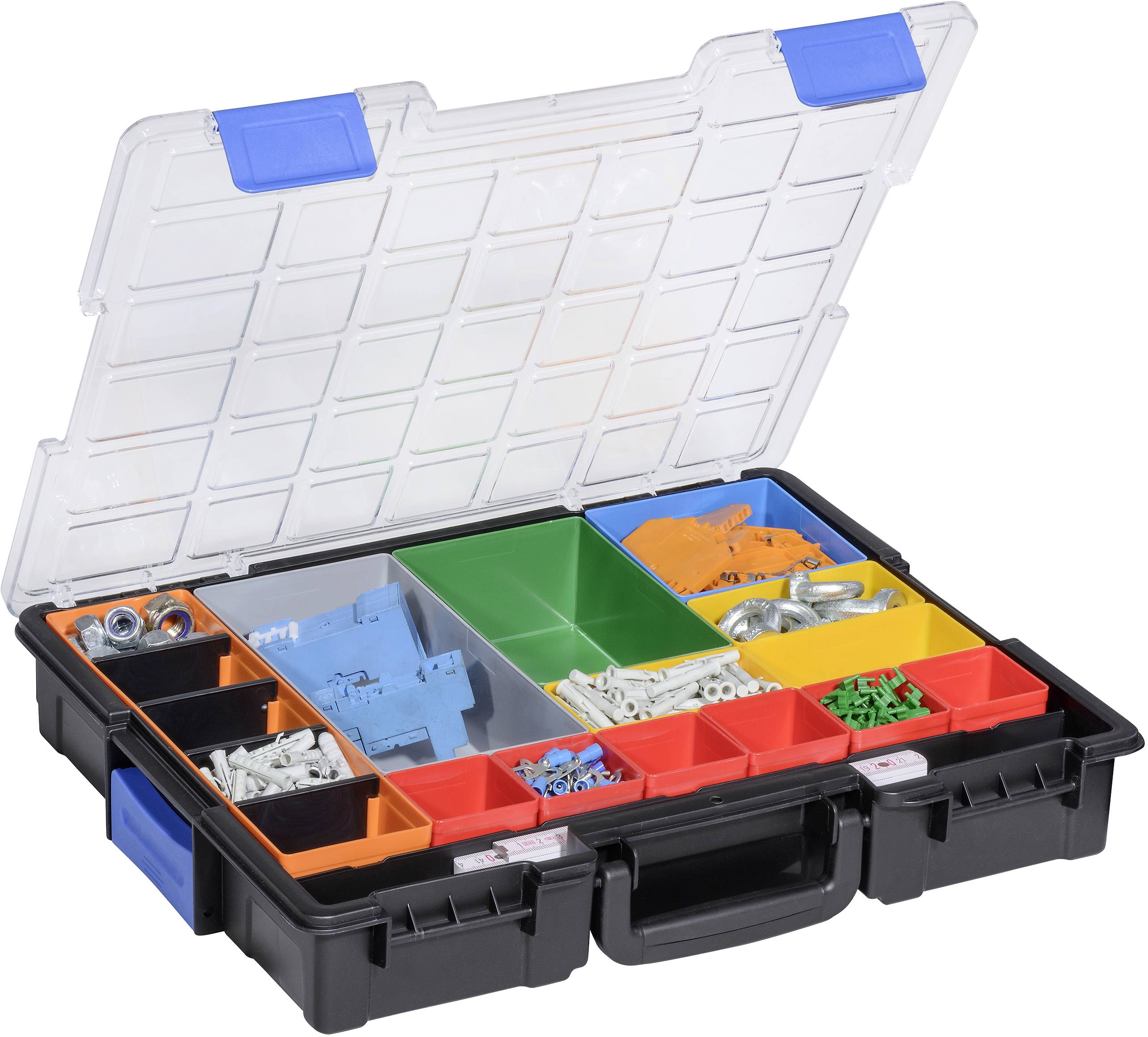 Werkzeugbox mit geöffnetem transparentem Deckel, zeigt diverse Schrauben, Muttern und Dübel in verschiedenfarbigen Fächern.