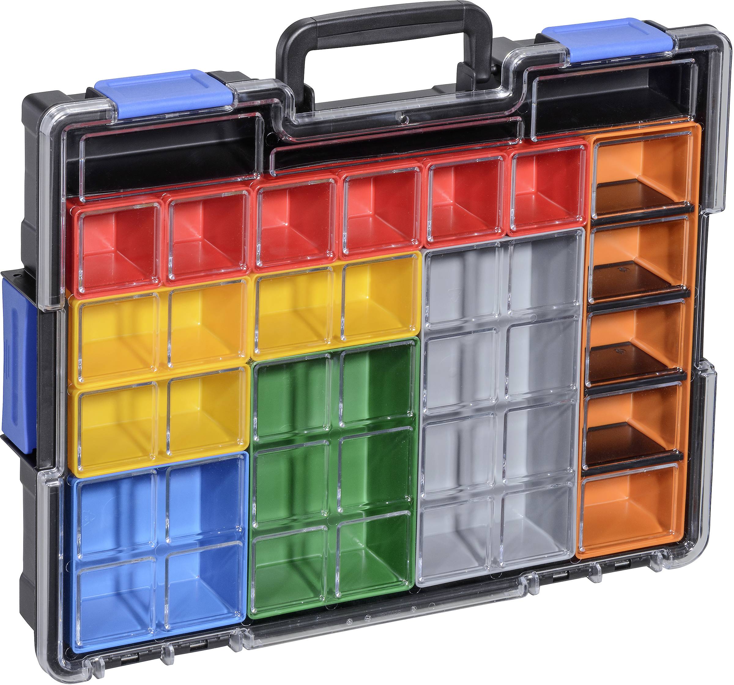 Ein transparenter Kunststoffkoffer mit bunten, herausnehmbaren Fächern in verschiedenen Größen, geeignet zur Aufbewahrung von Kleinteilen.