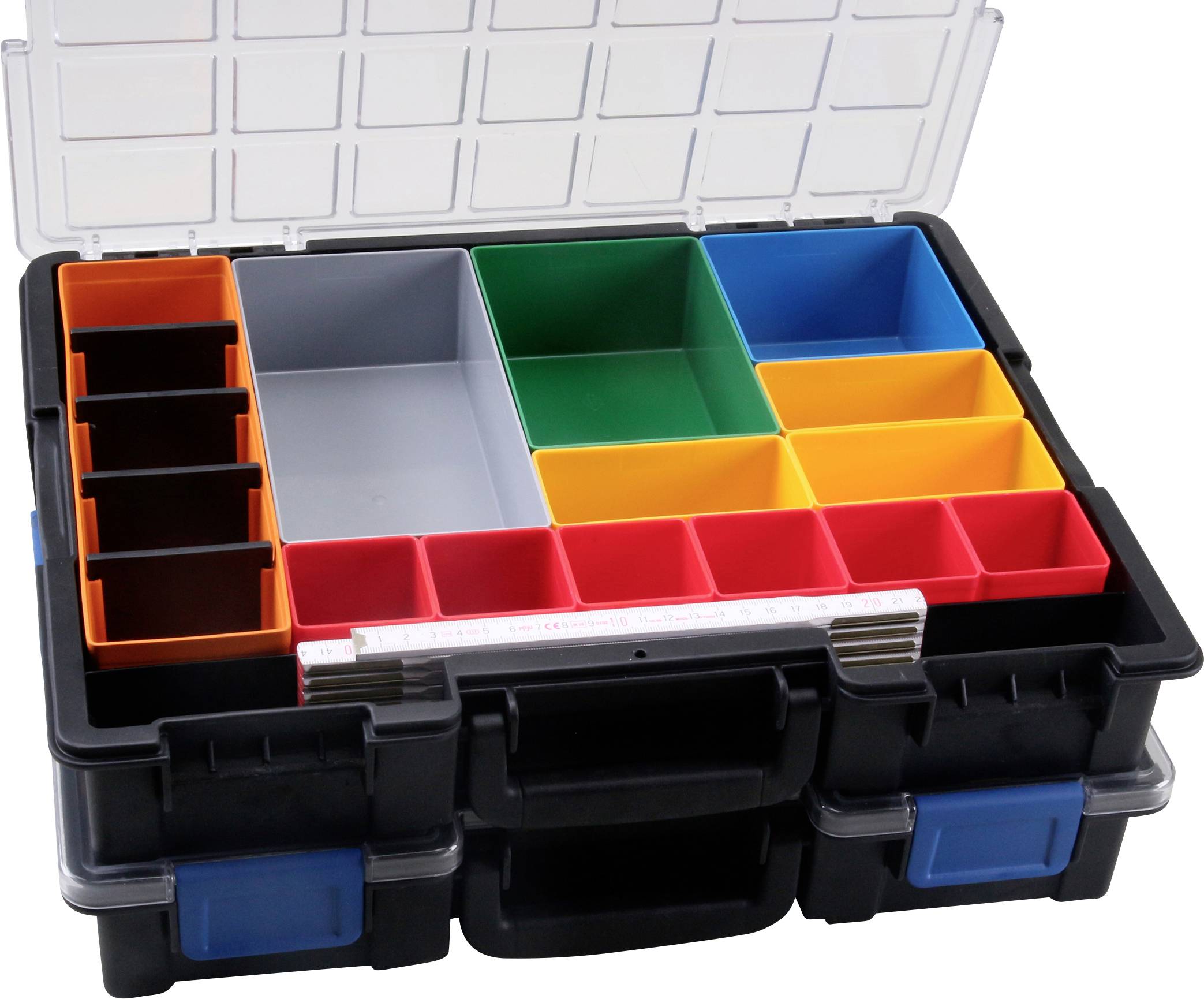 Geöffneter Werkzeugkasten mit transparentem Deckel, verschiedene bunte Fächer für Kleinteile, schwarzes Gehäuse.