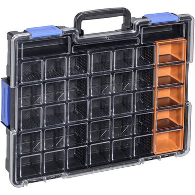 Ein schwarzer Werkzeugkoffer mit durchsichtigem Deckel, blauem Griff und mehreren orangefarbenen Fächern rechts zum Aufbewahren von Kleinteilen.