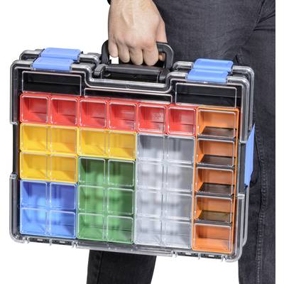 Person trägt einen transparenten Koffer mit verschiedenen farbigen Fächern, darunter Blau, Rot, Gelb und Grün.