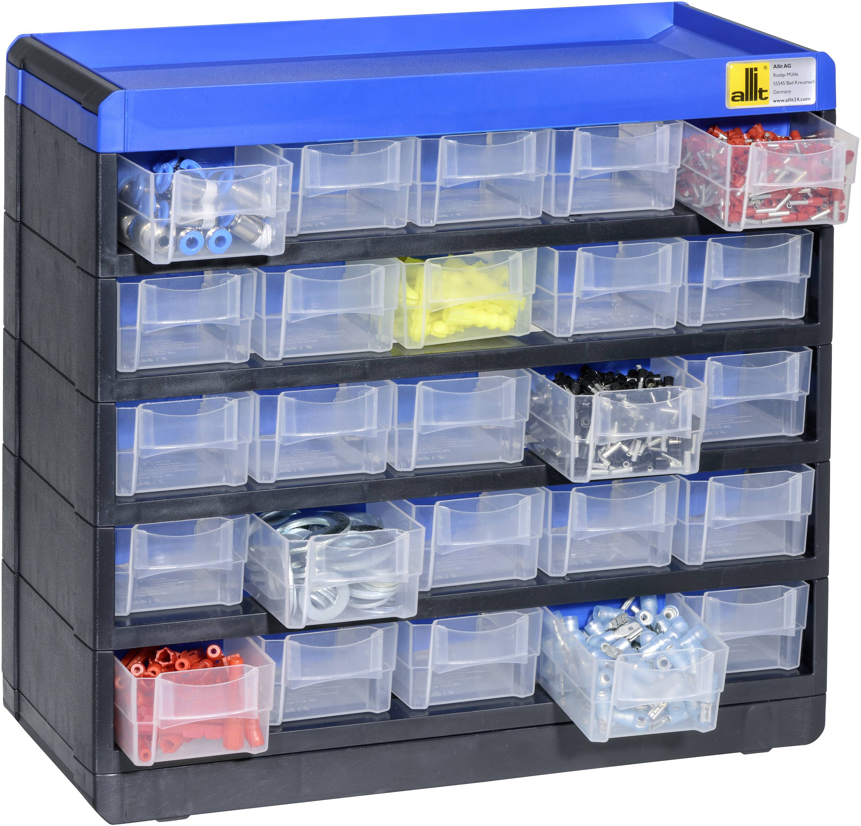 Ein schwarzer Werkzeugkasten mit blauem Deckel und vielen kleinen, durchsichtigen Schubladen, gefüllt mit verschiedenen Schrauben und Kleinteilen.