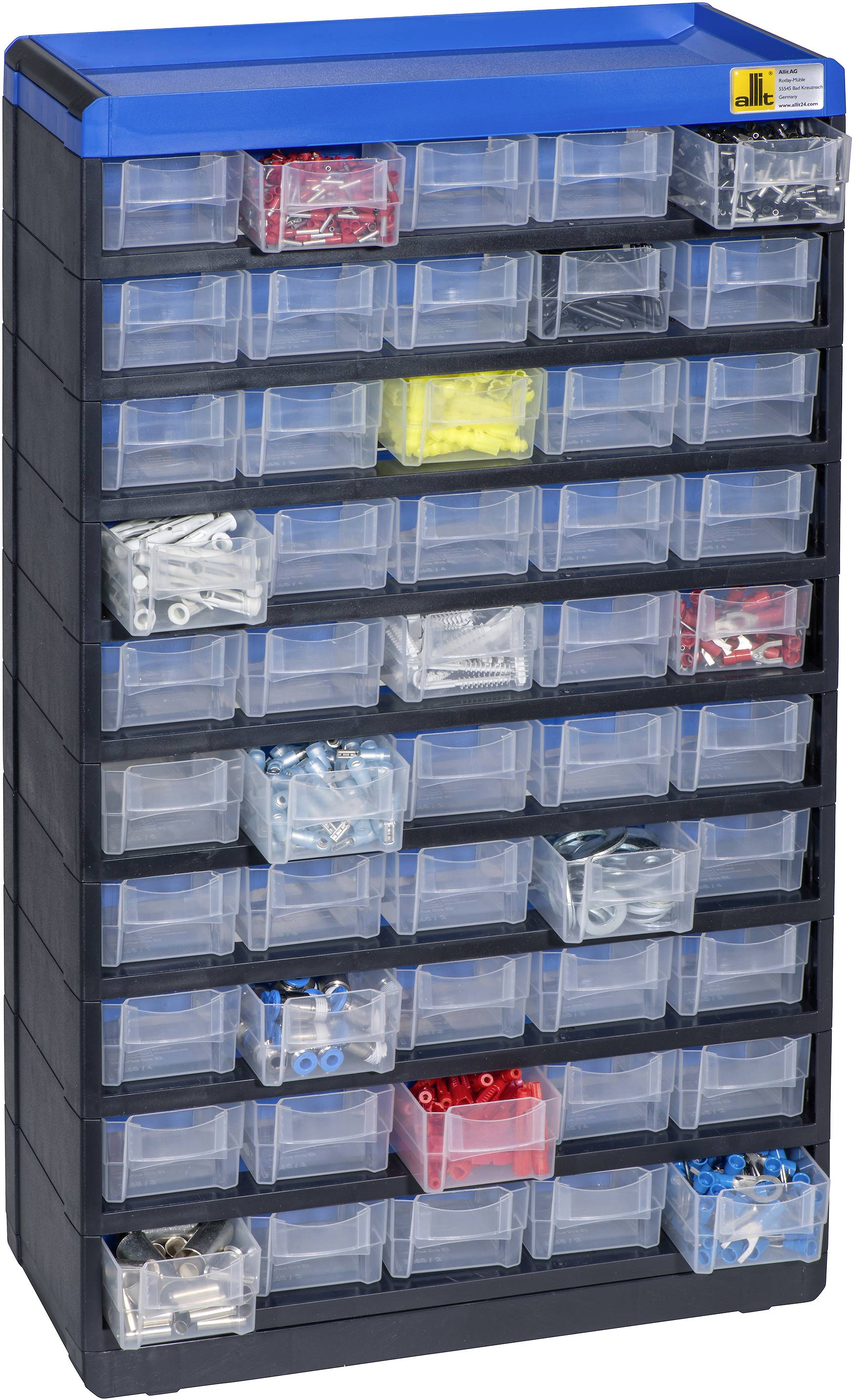 Großer schwarzer Organizer mit vielen kleinen transparenten Schubladen, gefüllt mit verschiedenen Schrauben und Kleinteilen.