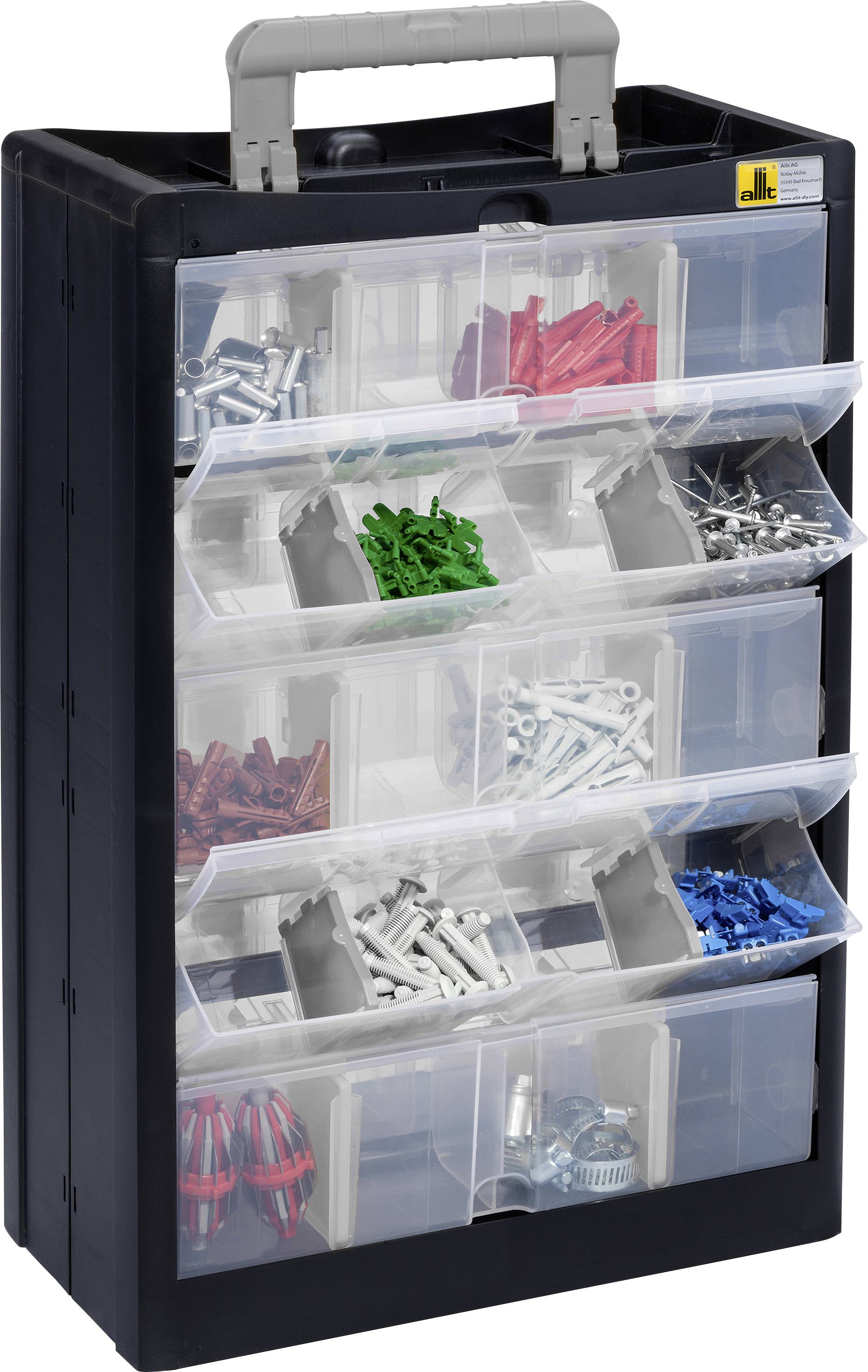 Mobile Werkzeugbox mit sechs transparenten Fächern, gefüllt mit verschiedenen Schrauben, Dübeln und Befestigungsmaterialien.