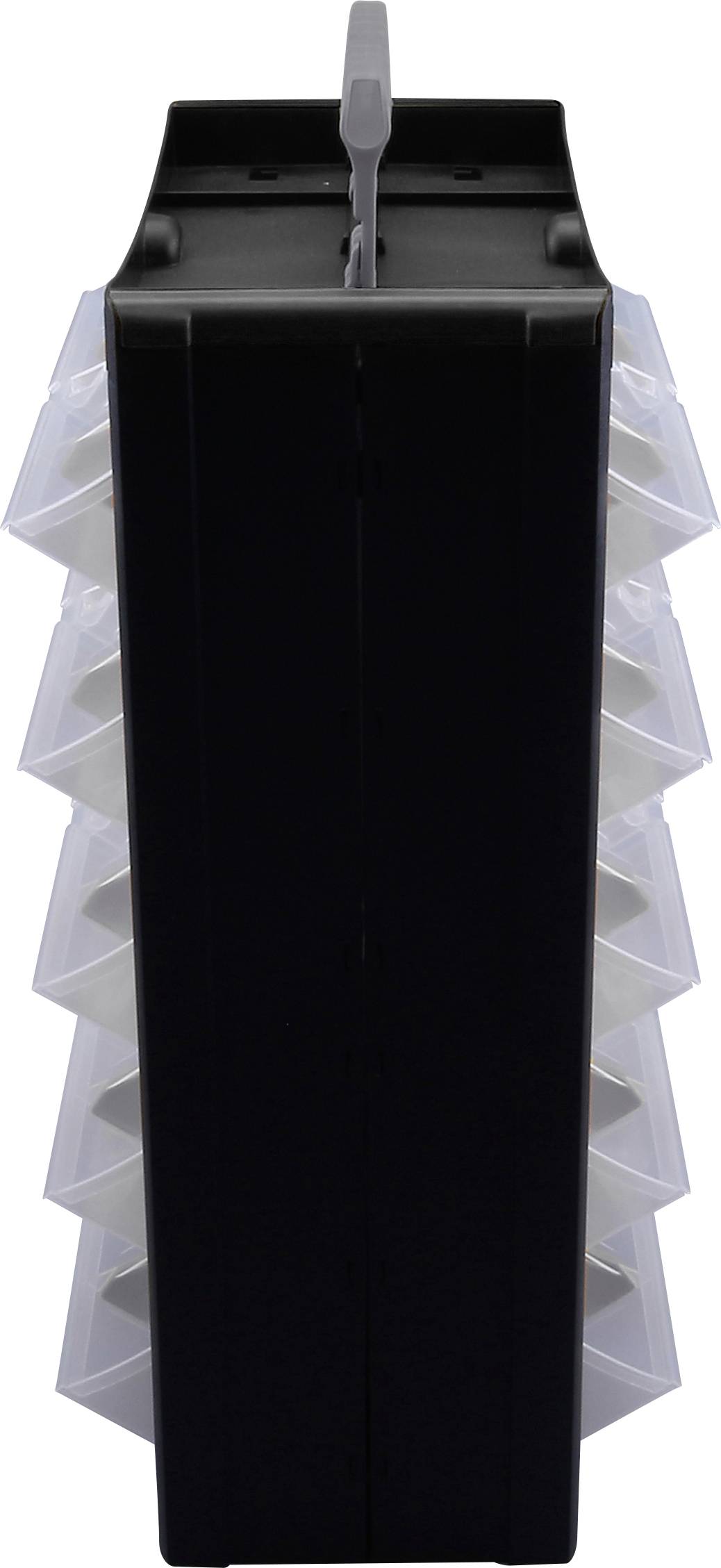 Ein schwarzer Behälter mit einem Griff oben und seitlichen, durchsichtigen Schubladen für Papier- oder Dokumentenaufbewahrung.