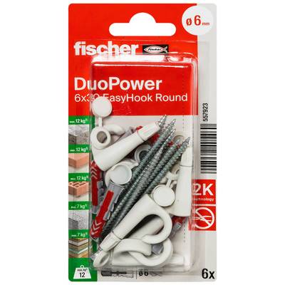Packung Fischer DuoPower 6x30 EasyHook Rundmutter-Dübel und Haken, gezeigt in rot-transparenter Blisterverpackung mit verschiedenen weißen Dübeln, Haken, Schrauben und einem Bohrer.