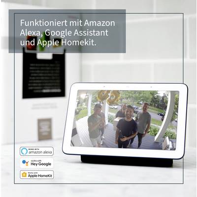 Ein Smart-Display zeigt Besucher auf einer Veranda. Es ist kompatibel mit Amazon Alexa, Google Assistant und Apple HomeKit.