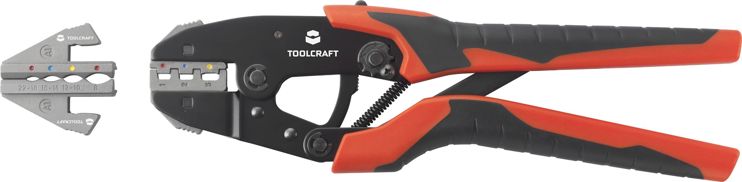 Werkzeugbild: Crimpzange von TOOLCRAFT mit austauschbaren Backen, geeignet zum Crimpen von Kabelverbindungen.