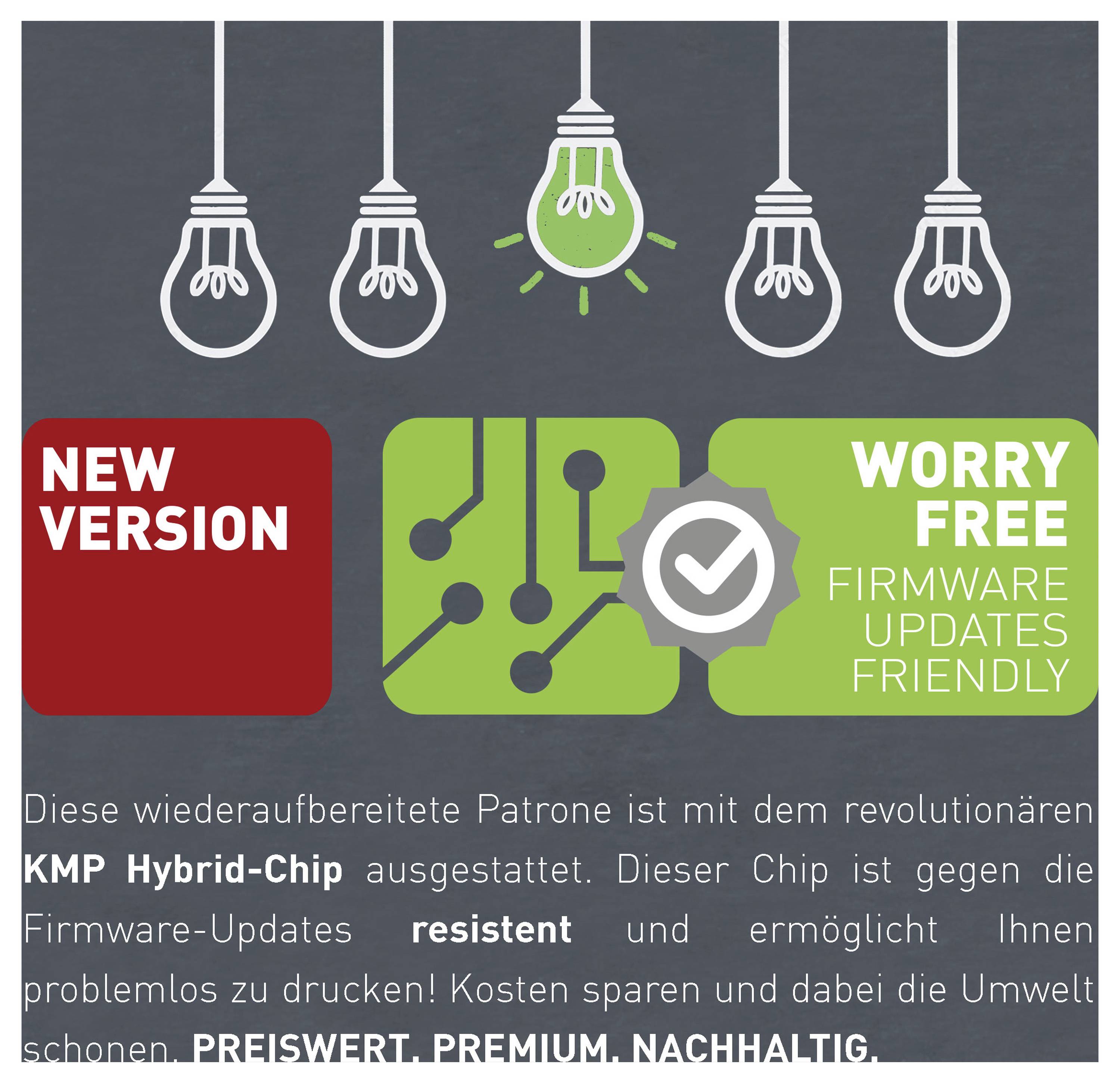 Werbegrafik für eine aufgearbeitete Tintenpatrone mit neuem Hybrid-Chip, mit Glühbirnen und Etiketten "NEUE VERSION" und "SORGENFREI FIRMWARE-UPDATES FREUNDLICH" mit deutscher Erklärtext darunter.