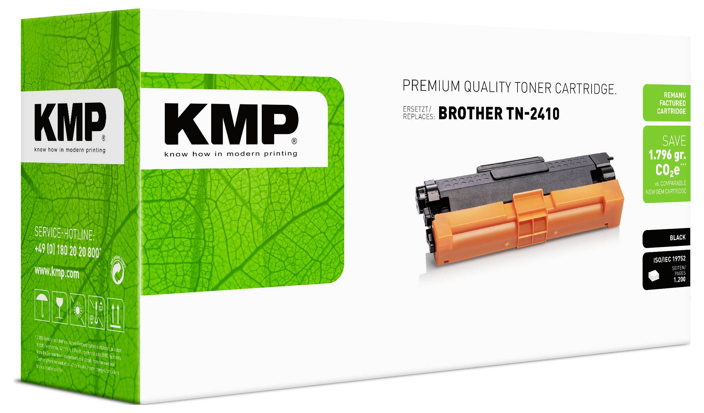 KMP Premium-Qualität Tonerkartusche für Brother TN-2410, gezeigt mit schwarzer und orangefarbener Kartusche auf weißer Verpackung.