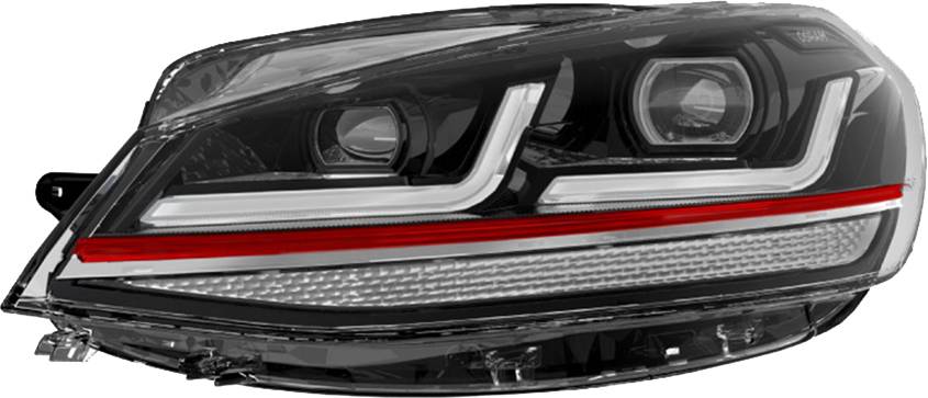 Ein modernes Autoscheinwerferdesign mit LED-Technik und einer markanten roten Akzentleiste.