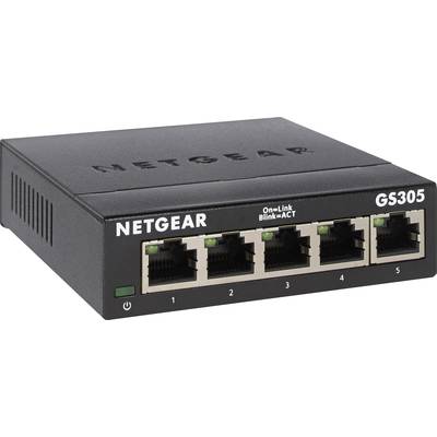 Netzwerk-Switch 'NETGEAR GS305' mit fünf Ethernet-Ports und LED-Anzeigen zur Statusüberwachung.