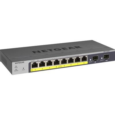 Netzwerk-Switch mit acht LAN-Ports und zwei SFP-Ports. Er ist grau mit der Aufschrift 'Netgear'. Links befinden sich Statusleuchten.