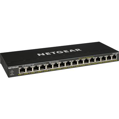 Netgear 16-Port Gigabit Ethernet PoE+ Switch auf weißem Hintergrund. Geeignet für Netzwerkverbindungen in Büros oder Heimnetzwerken.