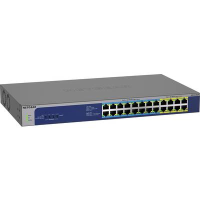 Netzwerkswitch von NETGEAR mit 24 Ethernet-Ports, geeignet für Büroumgebungen, zeigt Status-LEDs auf der Vorderseite zur Verbindungskontrolle.