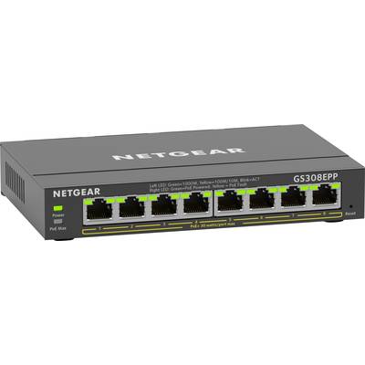 Netzwerk-Switch von NETGEAR, Modell GS308EPP, mit acht Ethernet-Ports und LEDs zur Anzeige von Stromversorgung und Verbindungsstatus.