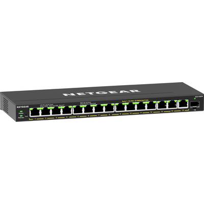 Netzwerk-Switch mit 16 Ethernet-Ports und einem SFP-Port, hergestellt von Netgear, Modellnummer GS316PP. Polizei an jedem Port.