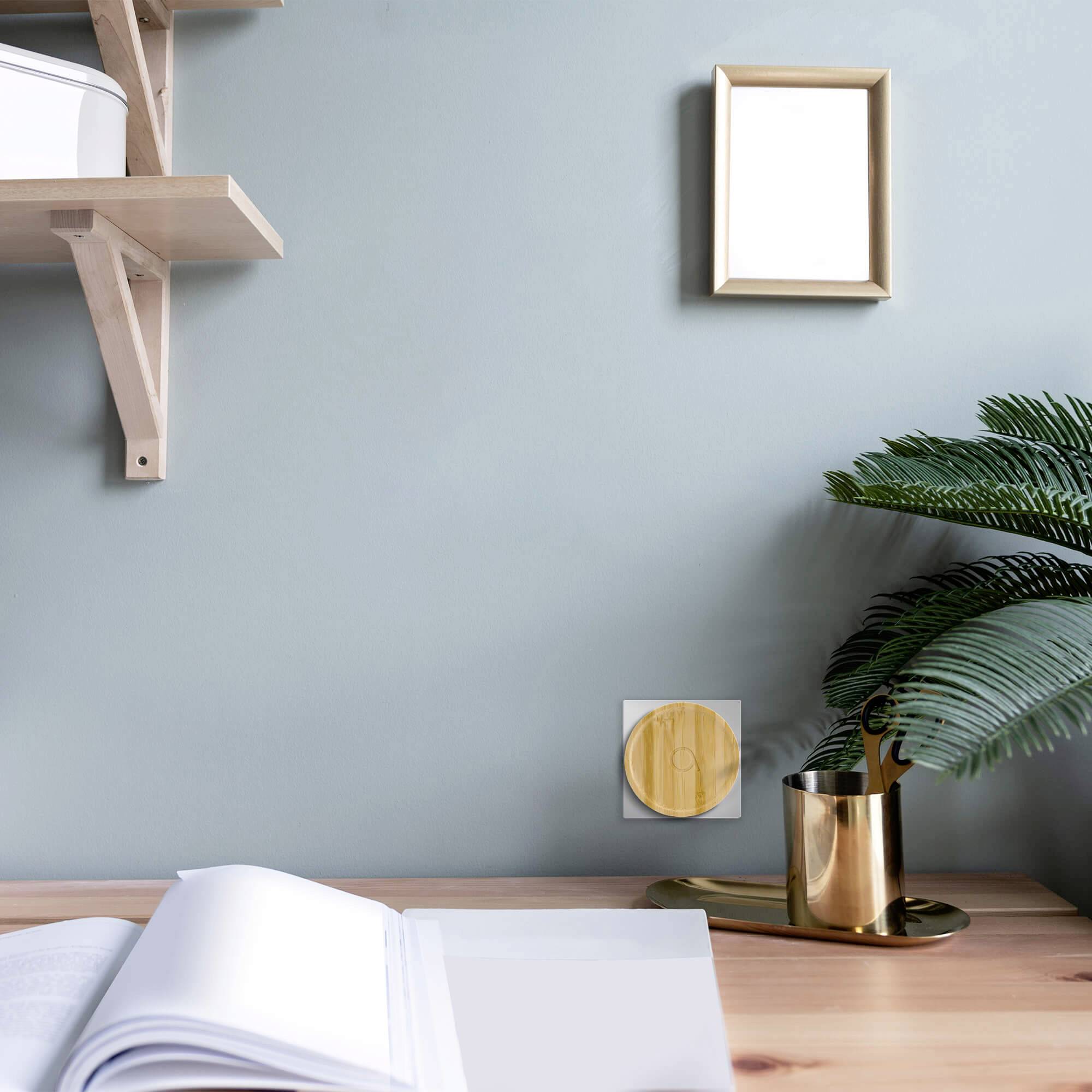 Ein minimalistischer Schreibtisch mit Pflanzen, einem weißen Bilderrahmen an der Wand, einem Stapel Bücher und einem Regal.