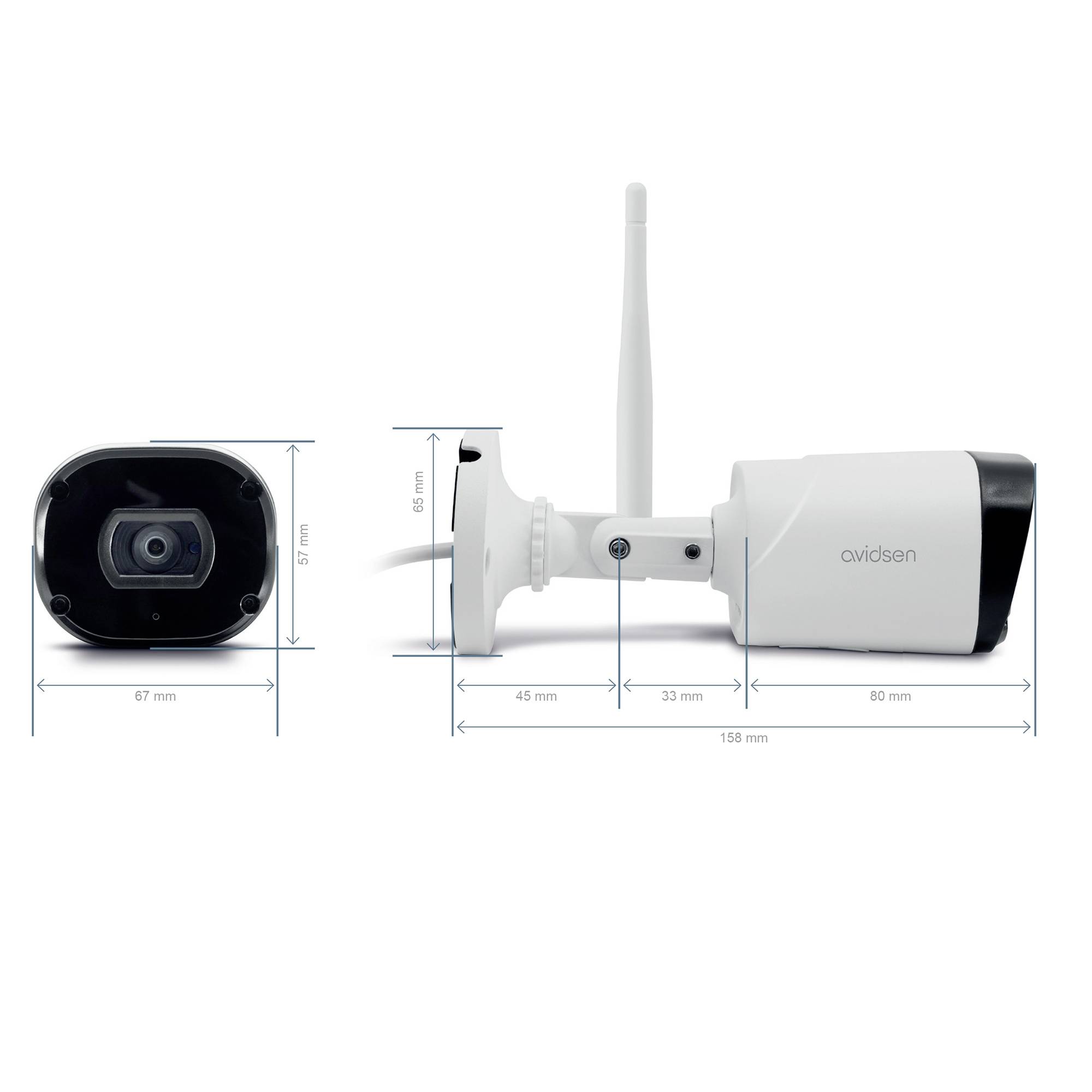 Seitenansicht und Frontansicht einer weißen Überwachungskamera mit Abmessungen. Höhe 67 mm, Breite 67 mm, Länge 158 mm. Antenne sichtbar.