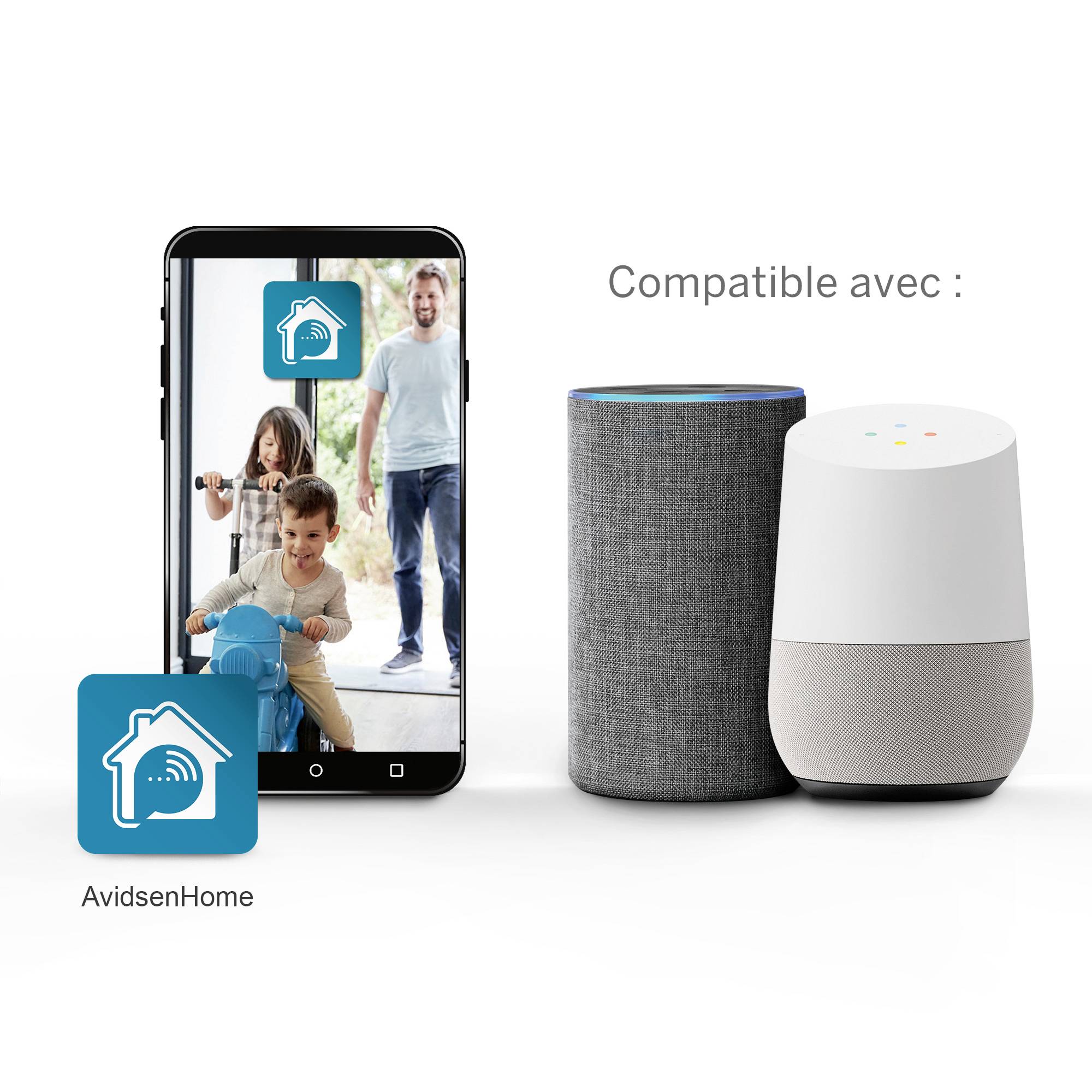 Smartphone mit Kamera-App zeigt Familie, daneben zwei smarte Lautsprecher. Text: 'Kompatibel mit AvidsenHome'.