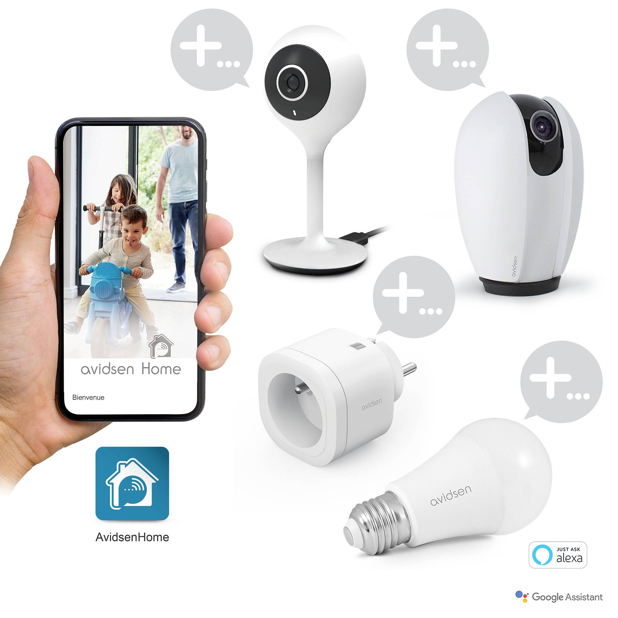 Das Bild zeigt eine Hand, die ein Smartphone mit der App 'avidsen Home' hält. Im Hintergrund sieht man Smart-Home-Geräte wie eine Kamera und eine Glühbirne.