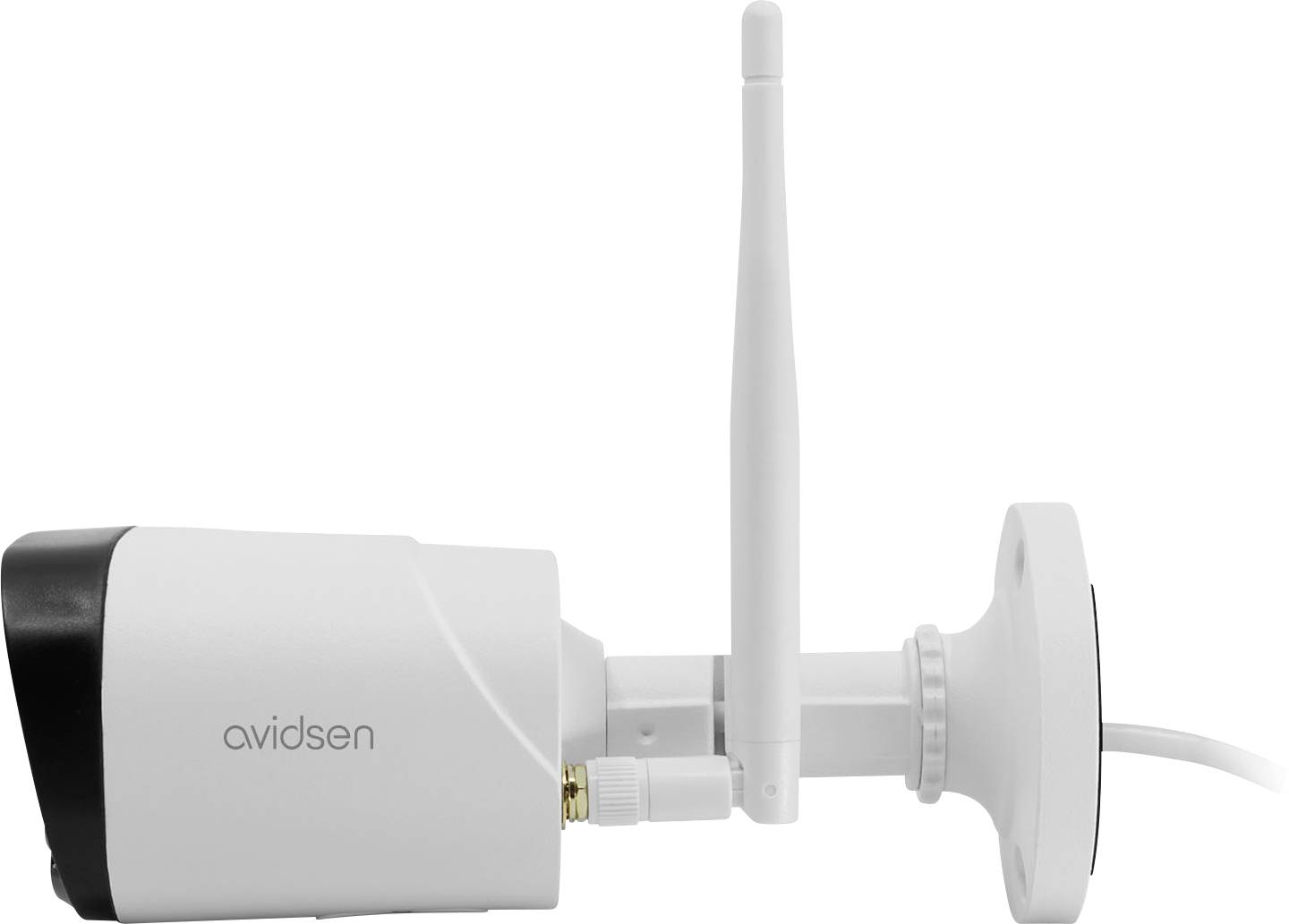 IP-Überwachungskamera mit Antenne. Seitliche Ansicht der weißen Kamera 'avidsen'. Wird für Sicherheitszwecke verwendet.