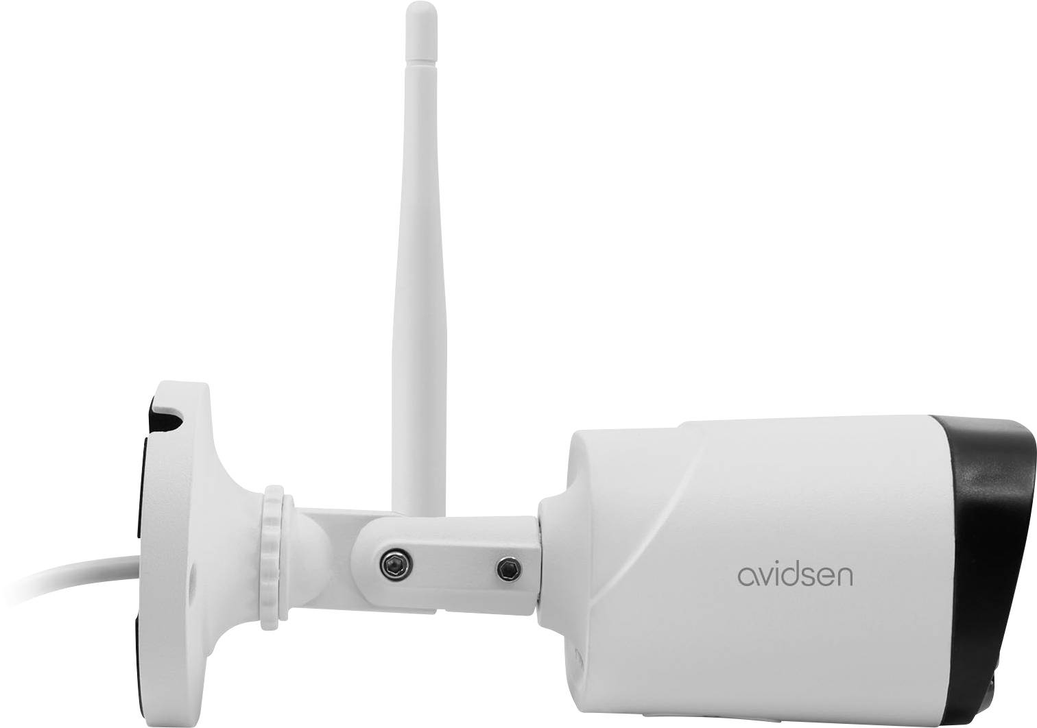Weiße Überwachungskamera mit Antenne und Kabel, seitliche Ansicht, Marke 'avidsen'.