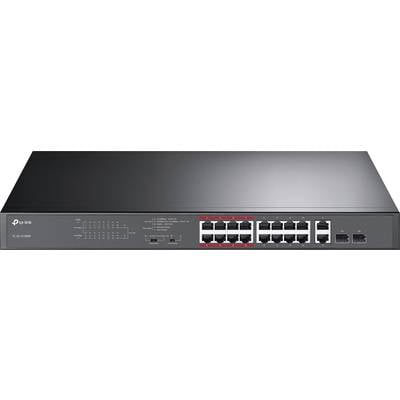 Schwarzer Netzwerk-Switch mit 16 Ports vorne, LED-Anzeigen und TP-Link-Logo oben links, Modell TL-SG1016MP.