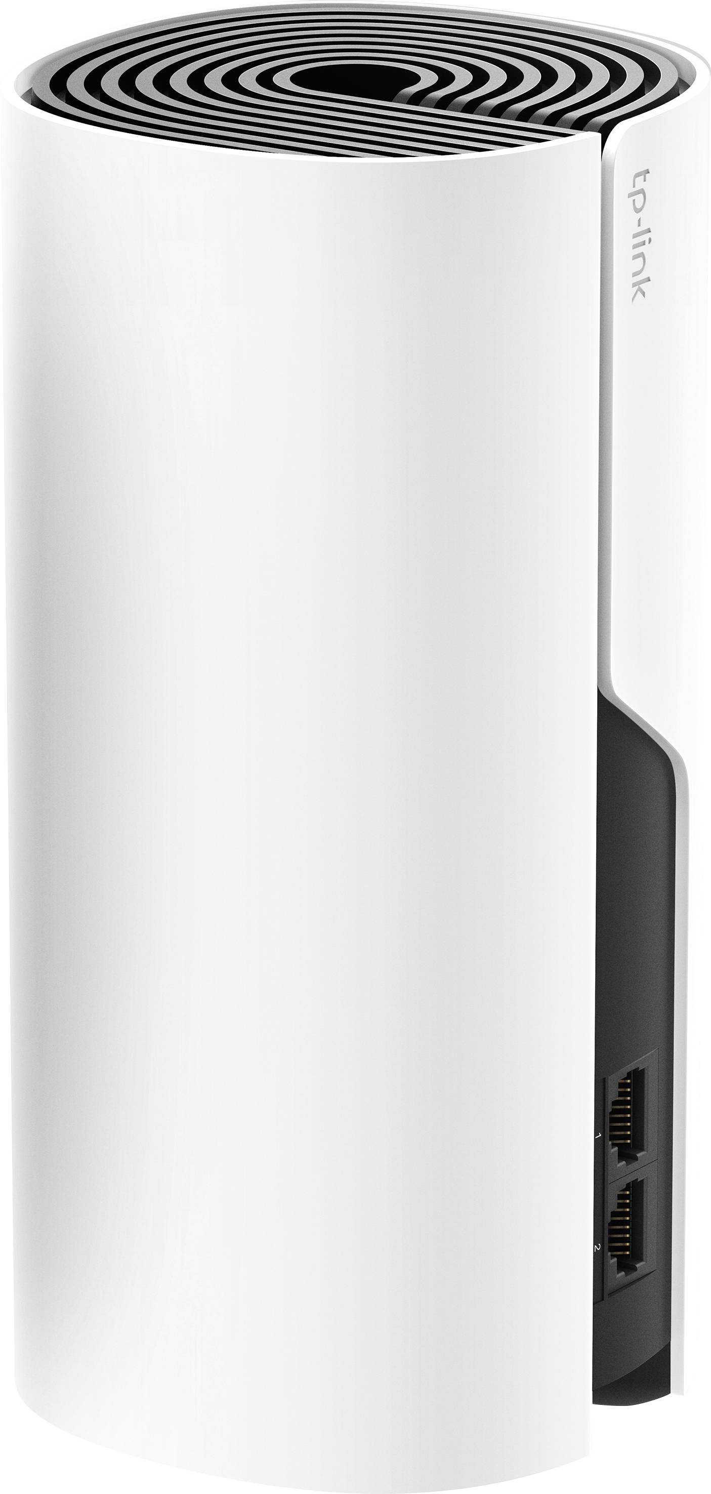 Ein weißer, zylindrischer WLAN-Router von TP-Link mit Lüftungsschlitzen oben und zwei Ethernet-Anschlüssen an der Seite.