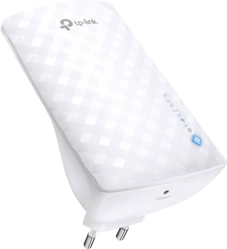 WLAN-Repeater von TP-Link mit weißem Gehäuse. LED-Anzeigen für Signalstärke und Status. Wird in eine Steckdose eingesteckt.