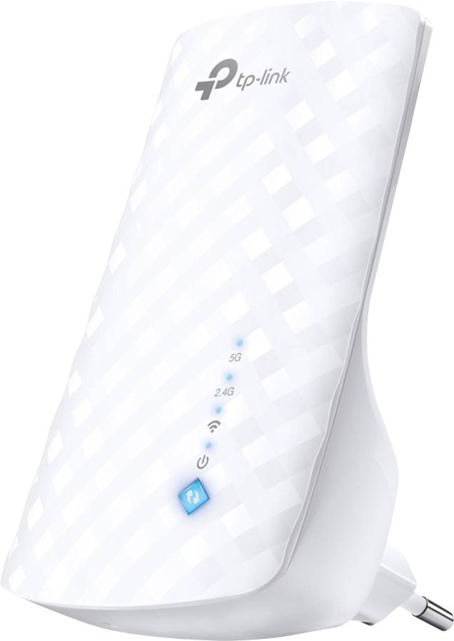 Ein TP-Link WLAN-Repeater mit LED-Anzeigen für 5G, 2.4G und WLAN-Signalstärke.