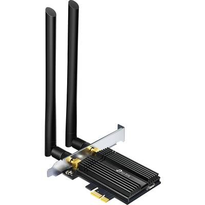 Eine TP-Link PCI-Express-WLAN-Netzwerkkarte mit zwei schwarzen Antennen zur drahtlosen Datenübertragung in einem Computer.